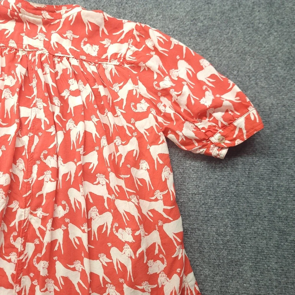 Anthropologie Emily Isabella Poodle Print Blouse Red White Short Sleeve M